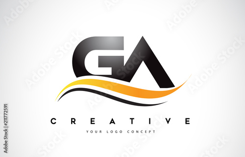 GA G A Swoosh Letter Logo Design with Modern Yellow Swoosh Curved Lines.