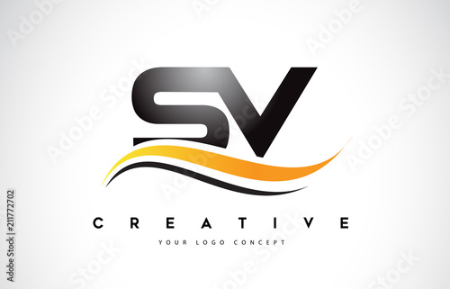 SV S V Swoosh Letter Logo Design with Modern Yellow Swoosh Curved Lines.
