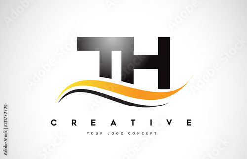 TH T H Swoosh Letter Logo Design with Modern Yellow Swoosh Curved Lines.