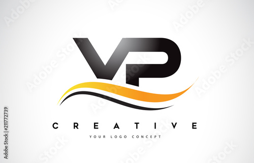 VP V P Swoosh Letter Logo Design with Modern Yellow Swoosh Curved Lines.