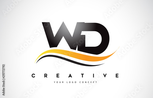 WD W D Swoosh Letter Logo Design with Modern Yellow Swoosh Curved Lines.