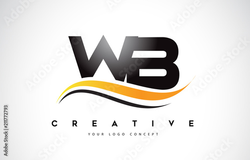 WB W B Swoosh Letter Logo Design with Modern Yellow Swoosh Curved Lines.