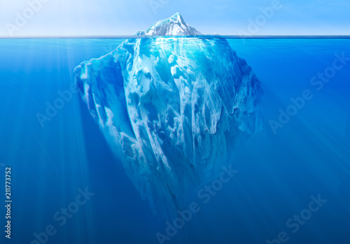 Iceberg in the ocean with visible underwater part. Global warming concept. 3D illustration