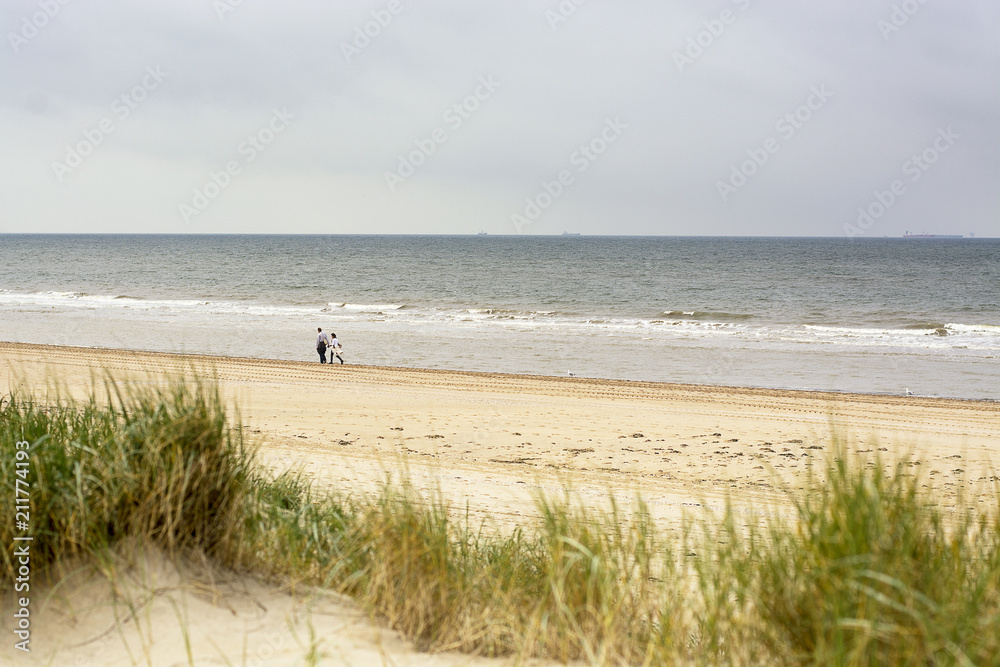Two people walking along de coastline of the North Sea in the Netherlands