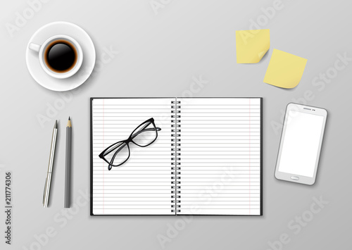 Vector realistic workplace with open blank notebook, pens, smartphone, cup of coffee and glasses