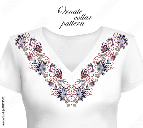 Vector design for collar shirts, shirts, blouses. Colorful ethnic flowers neck. Paisley decorative border. Ornate collar pattern. Brown orange blue.