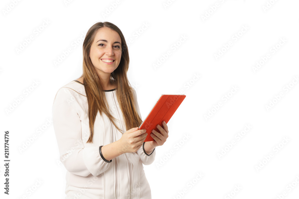 Happy office woman reading tablet pc on white Happy office woman reading tablet pc on white