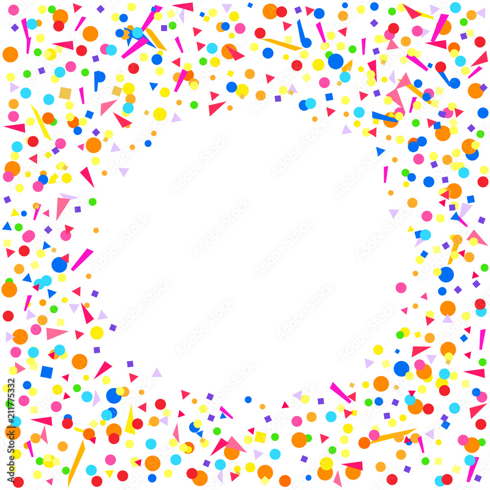 Square texture with random geometric elements on white. Geometrical background with confetti. Pattern from glitters. Festive frame. Print for banners, posters, t-shirts and textiles. Greeting cards
