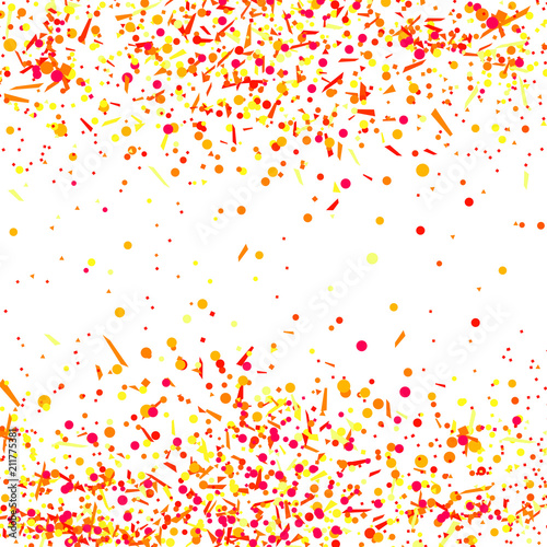 Multicolored pattern with random falling colored confetti on white background. Texture with glitters for design. Greeting cards. Explosion. Bright firework. Print for polygraphy and posters