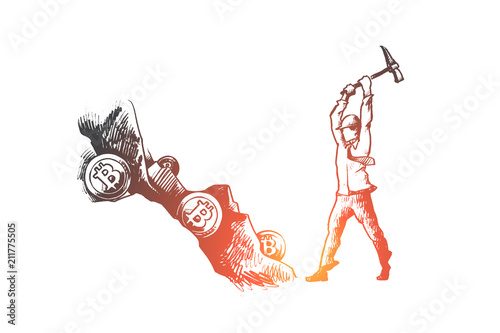 Bitcoin, business, mining, money and blockchain concept. Hand drawn isolated vector.
