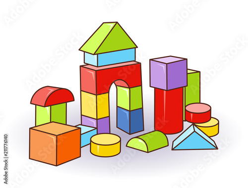 Babys letter cubes toys. Wooden or plastic color cubes. Vector. Castle
