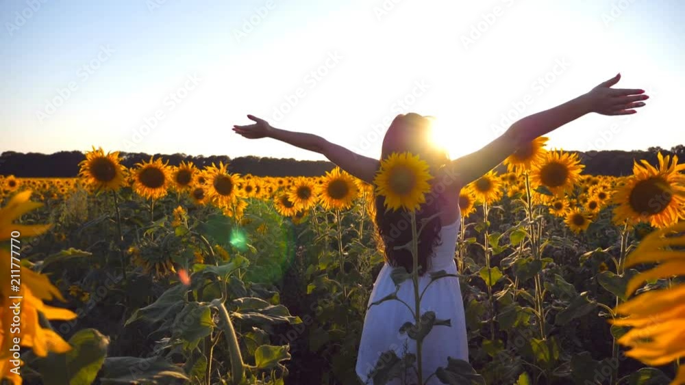 Young girl standing at the field of sunflowers and raising her hands up ...