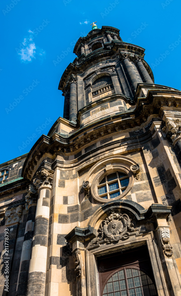 Holy Cross Church or Kreuzkirche tower detail view. Largest evangelical church of Saxony located in Dresden. Germany landmarks