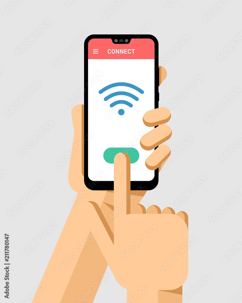 Hand holds the smartphone and connects to the wifi internet network. Flat vector modern phone mock-up illustration Hand holds the smartphone and connects to the wifi internet network. Flat vector modern phone mock-up illustration