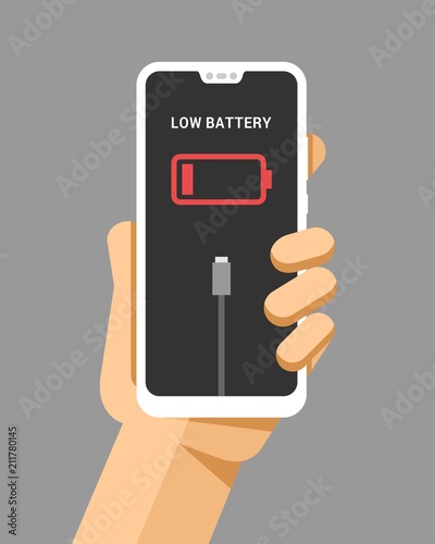 Hand holds the smartphone mockup with low battery. Flat vector modern phone mock-up illustration