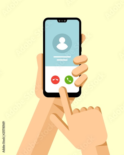 Hand holds the smartphone and calles to contact. Flat vector modern phone mock-up illustration