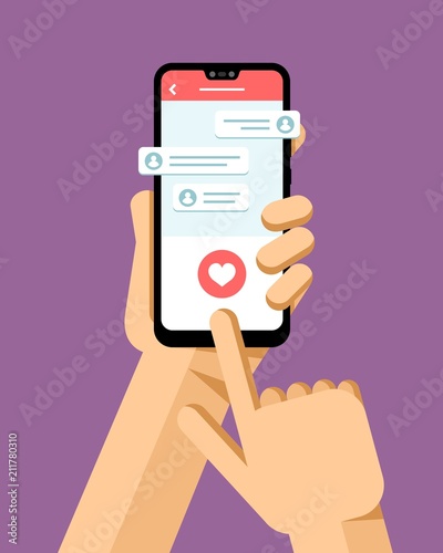 Hand holds the smartphone and presses pink button in messanger application. Flat vector modern phone mock-up illustration photo