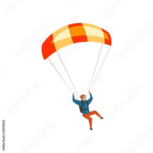 Skydiver flying with a parachute, parachuting sport and leisure activity concept vector Illustration on a white background