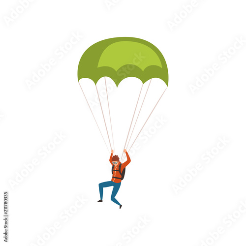 Skydiver descending with a parachute in the sky, parachuting sport and leisure activity concept vector Illustration on a white background