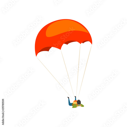 Young man flying with a parachute, parachuting sport and leisure activity concept vector Illustration on a white background
