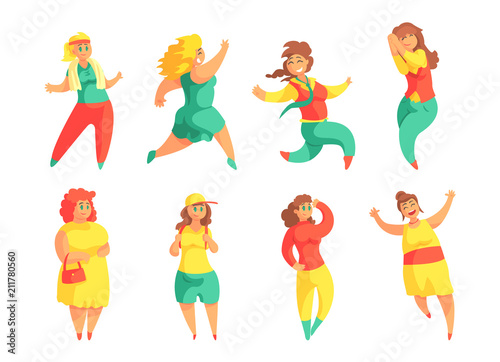 Flat vector set of funny plus size women. Cartoon female characters with overweight. People with happy face expressions