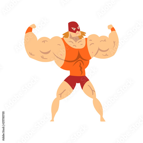 Professional powerful wrestler character showing his muscles, fighter of recreational sports show vector Illustration on a white background