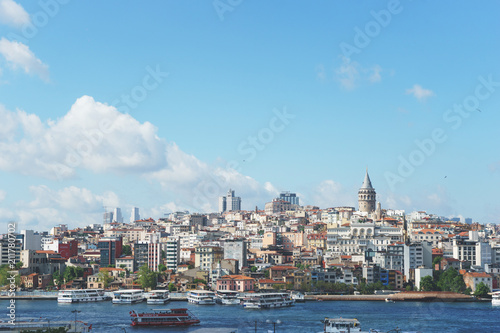 Panoramic view of Istanbul from the Bosphorus Strait.