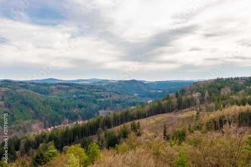 European Forest in scenic countryside. Beautiful aerial view at the rolling hills landscape from top of Diana Tower in Karlovy Vary © aerial333