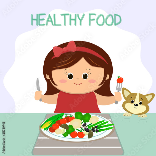 Cute girl with a bow at the table, a plate with vegetables. The puppy looks corgy. Healthy food, organic products. Cartoon style, flat, vector.