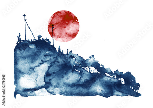  watercolor blue Silhouettes the village. Watercolor logo, postcard. Watercolor blue background, blot, blob, splash of paint. Watercolor spot, abstraction. The Red sun photo