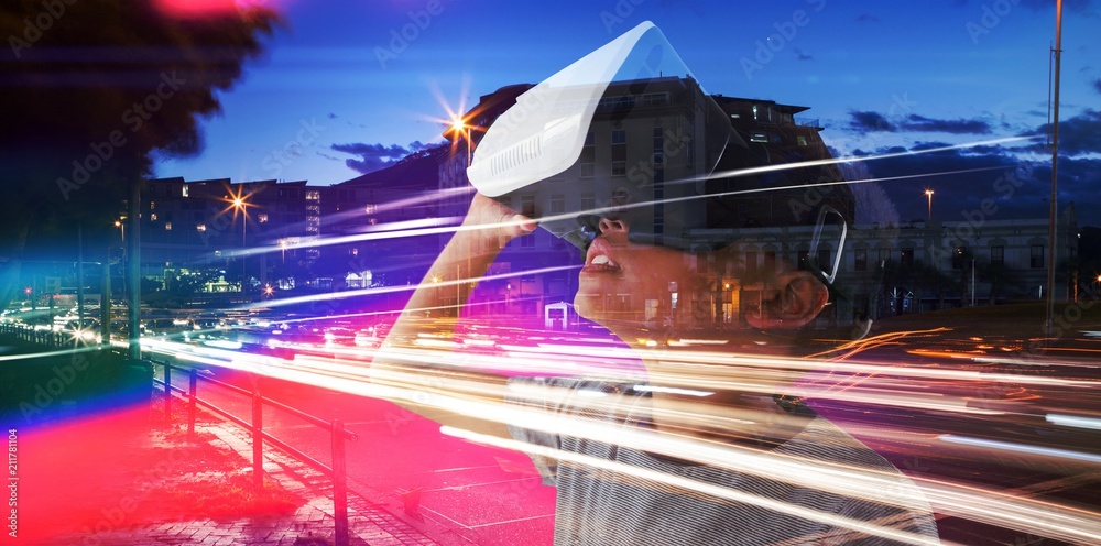 Composite image of close-up of boy wearing vr headset