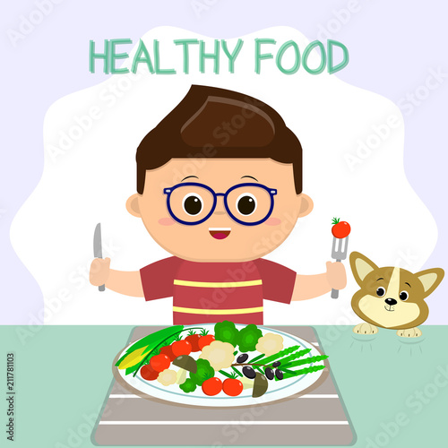 A boy in glasses sits at a table, a plate of vegetables. The puppy looks like shit. Healthy food, organic products.Cartoon style, flat, vector.