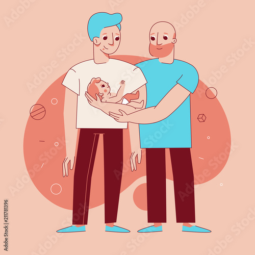 Vector illustration in trendy flat linear style - happy male gay couple with a baby