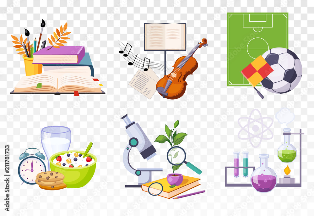 Flat vector set of icons presenting different school subjects. Art and music, sport, biology and chemistry. Tasty breakfast and alarm clock Flat vector set of icons presenting different school subjects. Art and music, sport, biology and chemistry. Tasty breakfast and alarm clock