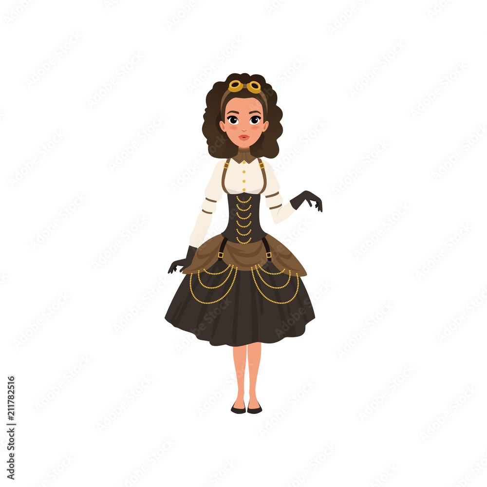 Young girl in steampunk costume. Woman in blouse, gloves, vintage goggles on head, corset and skirt with golden chains. Flat vector Young girl in steampunk costume. Woman in blouse, gloves, vintage goggles on head, corset and skirt with golden chains. Flat vector