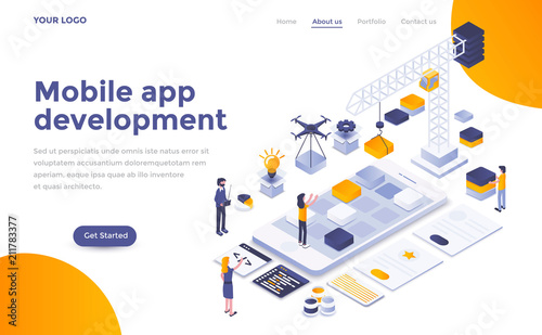Flat color Modern Isometric Concept Illustration - Mobile app development