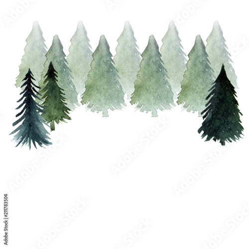 Fir-tree silhouette background. Green coniferous forest. Hand-drawn watercolor illustration