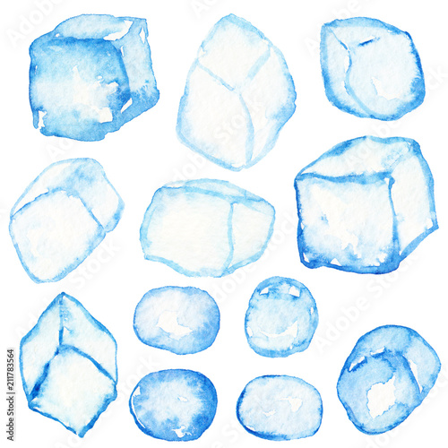 Ice cubes set isolated. Hand-drawn watercolor illustration