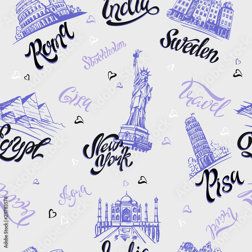 Seamless pattern. Countries and cities. Lettering. Sketches. Landmarks. Travel. Italy, Rome, America, Sweden, India, Egypt. Vector.