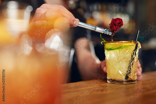 Obraz na plátne Preparing Cocktails. Bartender Making Cocktail In Bar