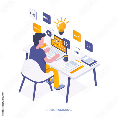 Flat color Modern Isometric Illustration - Programming
