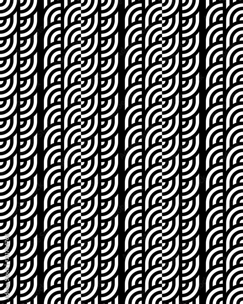 Seamless pattern with circles and striped black white straight lines. Optical illusion effect. Geometric tile in op art style. Vector illusive background for cloth, textile, print, web.