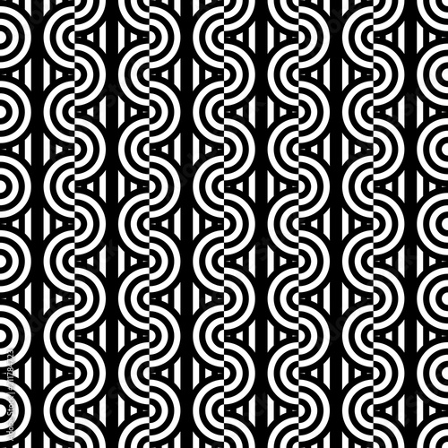 Seamless pattern with circles and striped black white straight lines. Optical illusion effect. Geometric tile in op art style. Vector illusive background for cloth, textile, print, web.