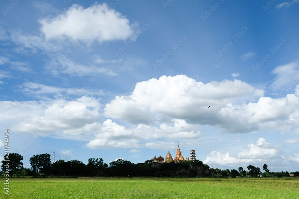 View Wat Thum Sua and paddy field on blue sky in Thailand View Wat Thum Sua and paddy field on blue sky in Thailand