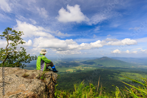 The hiking man touring on high mountain in Loei province, Thailand.