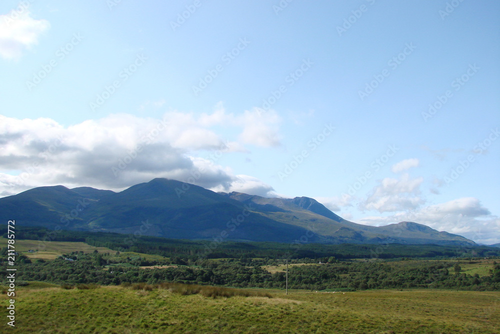 Panorama of the Scottish Forest at the foot of the mountain ranges against the background of a cloudy blue sky.