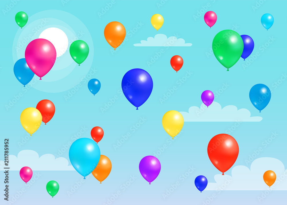 Colorful Balloons Flying Blue Sky, Rubber Balloon