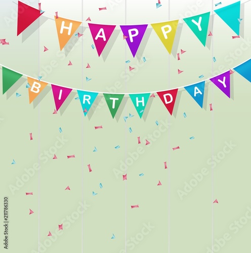 Happy birthday inscription text on flags with colorful confetti