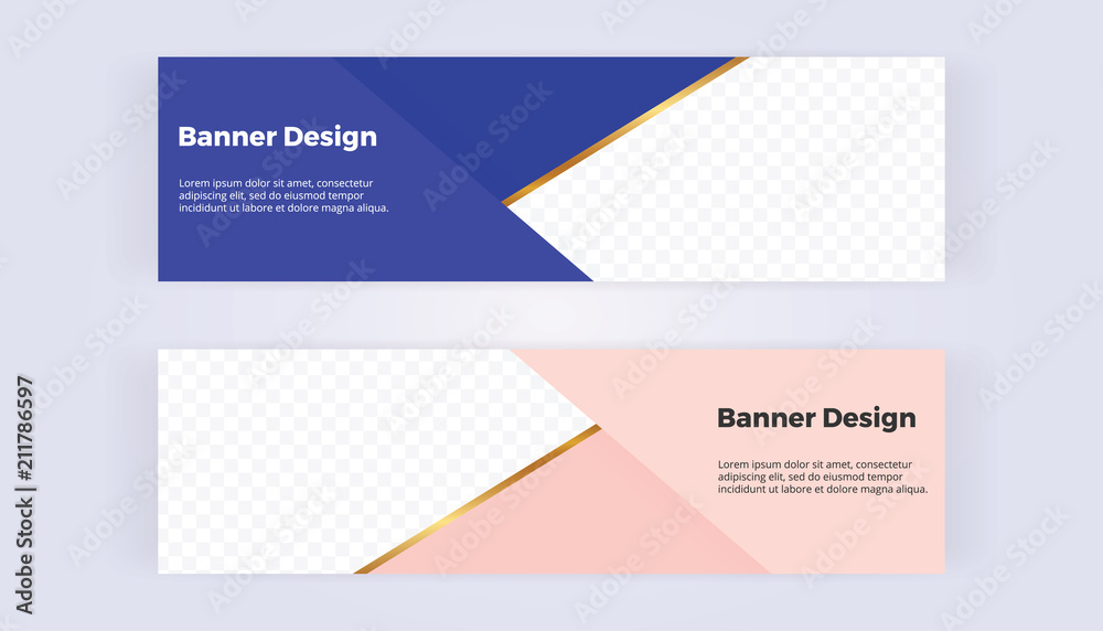 Geometric web banners with blue and pink triangles. Modern luxury and fashion design golden line. Horizontal template for business, card, flyer, invitation, social media.