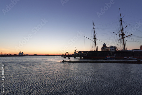 Sunset at Portsmouth Harbour with HMS Victory (warship) © Peter Sterling